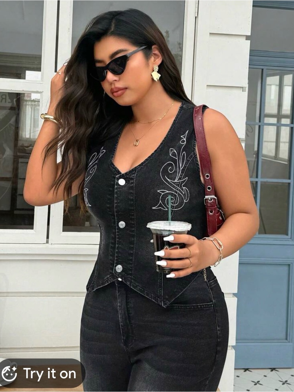 Gothic Barbie Black Embroidered Button-Front Denim Vest